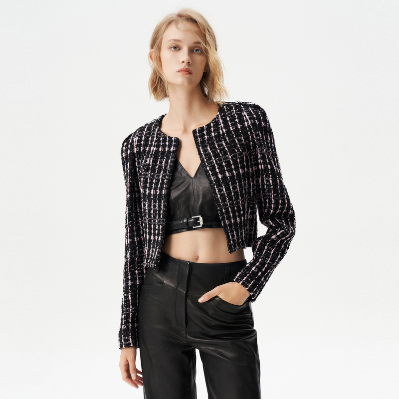 IRO Night 2025年冬季圆领长袖黑粉格纹小香风外套WP07PERRIN24W