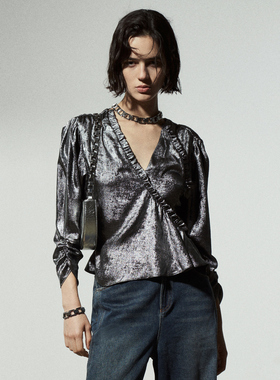 IRO NIGHT 2025年秋季细闪涂层V领褶皱长袖衬衫WP16CLARIELSPE24W