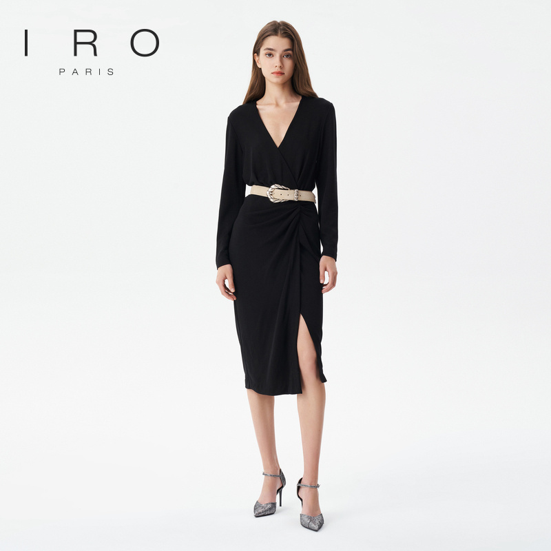 早秋V领开叉轻奢IRO纯色褶皱