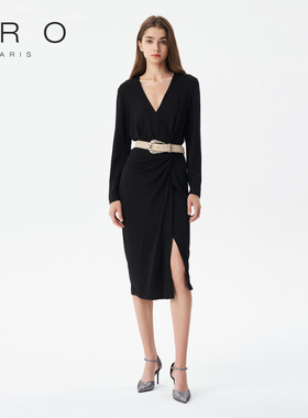 IRO NIGHT 2025年春季轻奢褶皱V领开叉中长款连衣裙IWF343Y00700