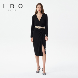 轻奢褶皱V领开叉中长款 2025年春季 连衣裙IWF343Y00700 Night IRO