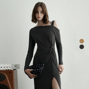 褶皱开叉纯色露肩长袖 2026年春季 连衣裙IWF361Y02700 NIGHT IRO