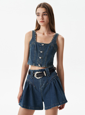 IRO NIGHT 2025年夏季短款烫钻做旧牛仔背心IWF352B00300