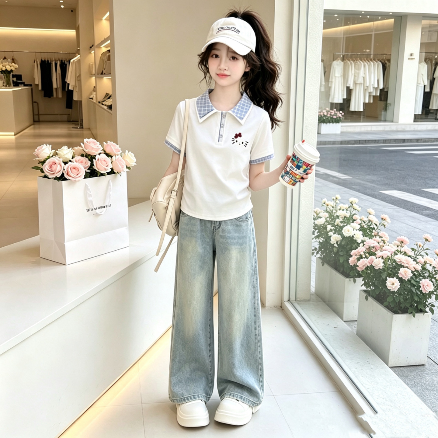 女童夏季学院风短袖牛仔两件套图片