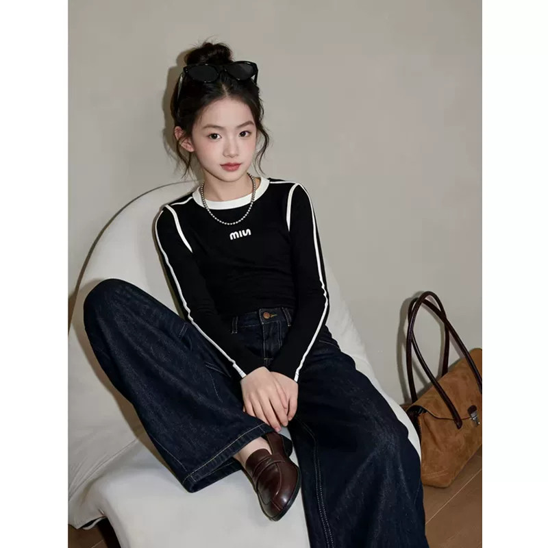 女童超好看韩系上衣秋装2026新款女孩大童黑色打底衫儿童长袖内搭