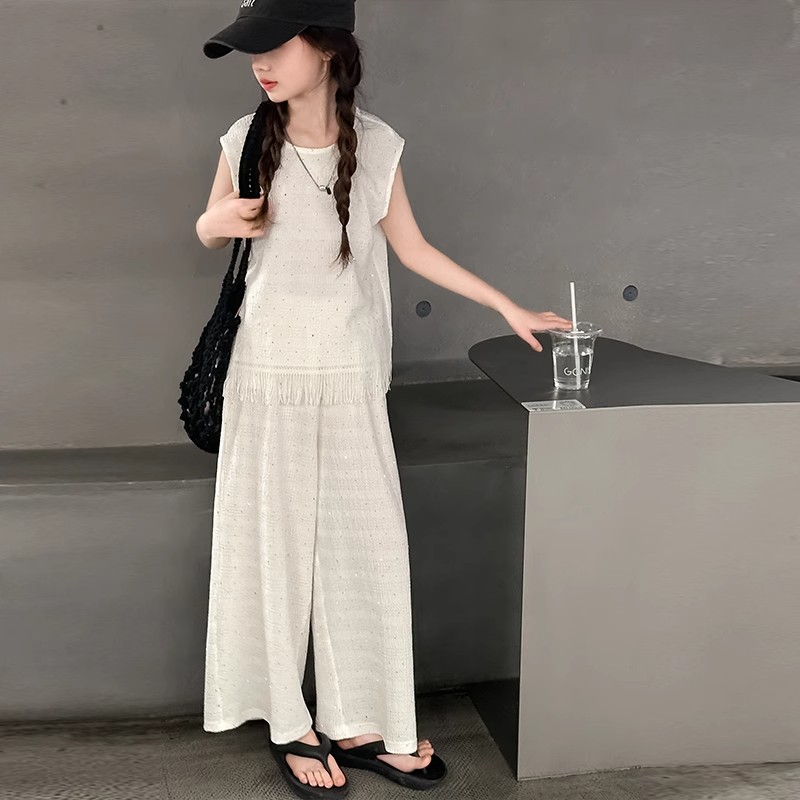 女童夏季休闲洋气流苏无袖背心女大童韩系穿搭慵懒风阔腿裤两件套