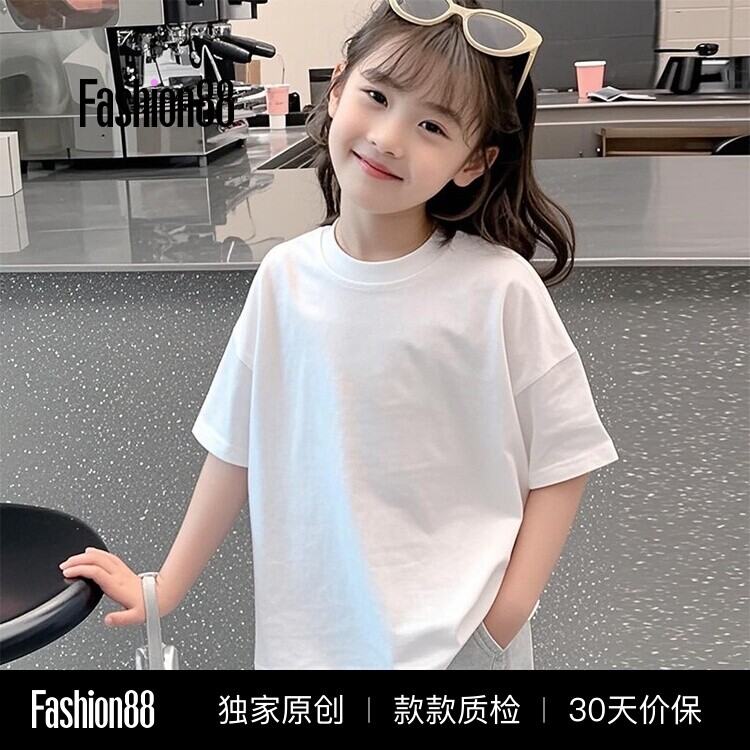 女童纯色短袖t恤纯棉2026夏季新款宽松白色百搭儿童夏装上衣男童
