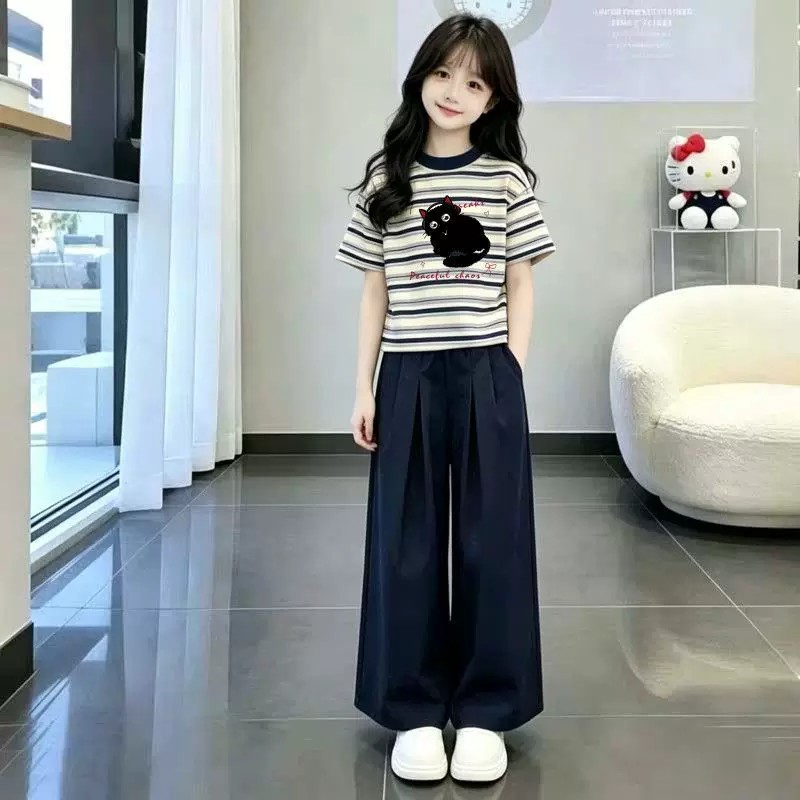女童夏装条纹短袖2026新款中大童儿童女孩夏季休闲阔腿裤时髦套装图片