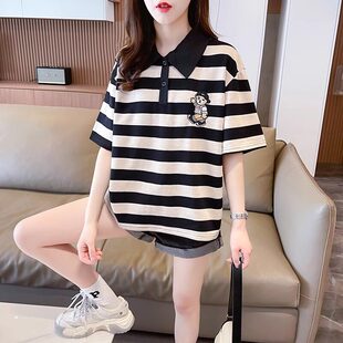 女童条纹polo衫短袖t恤2026夏季新款中大童翻领百搭上衣儿童夏装