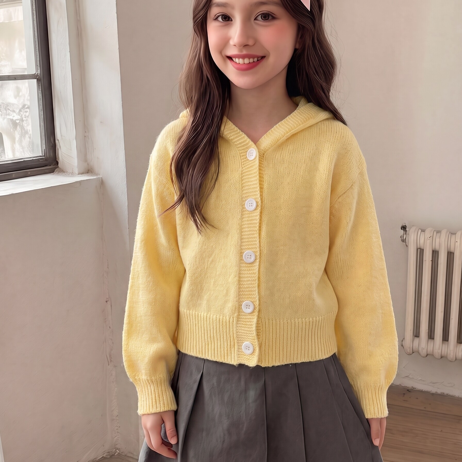 韩系软糯女童连帽针织开衫泡泡袖短款百搭女孩春秋外穿毛线外套