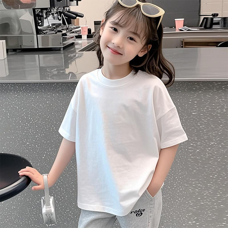女童纯色短袖t恤纯棉2026夏季新款宽松白色百搭儿童夏装上衣男童