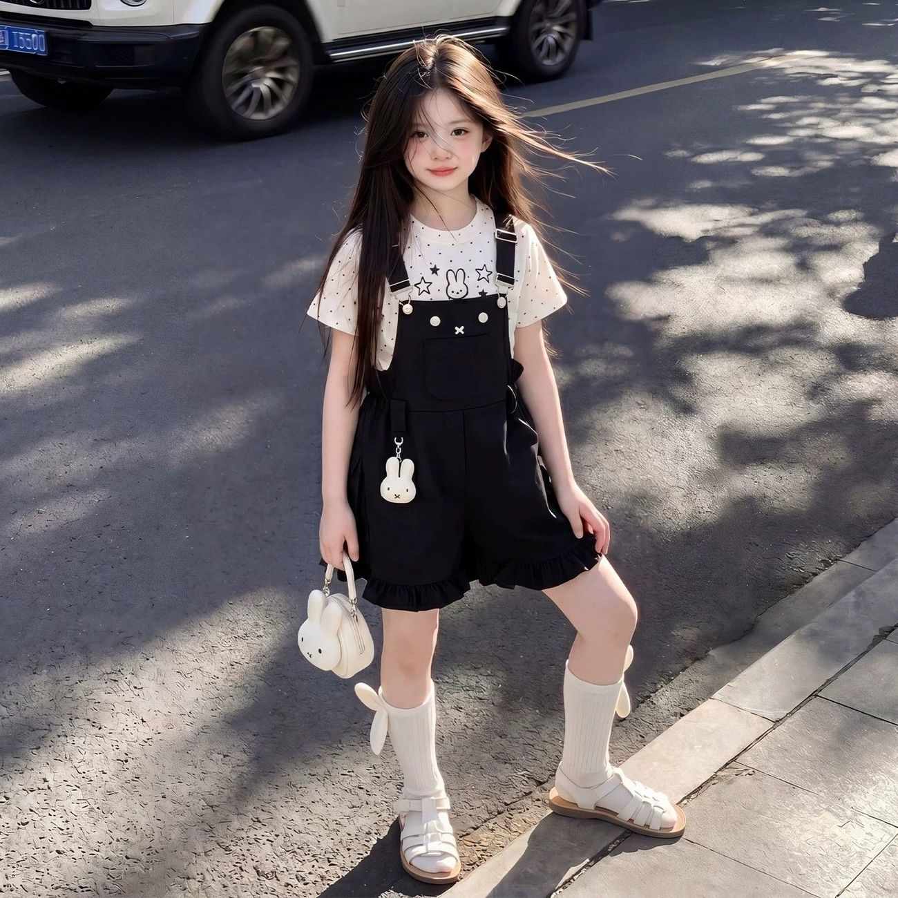 中大童夏季套装女孩韩版个性波点短袖T恤甜美花边背带短裤两件套