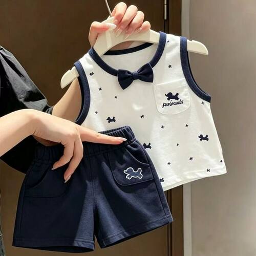 男小童套装夏季可爱狗狗印花儿童背心纯棉短裤宝宝周岁礼服两件套