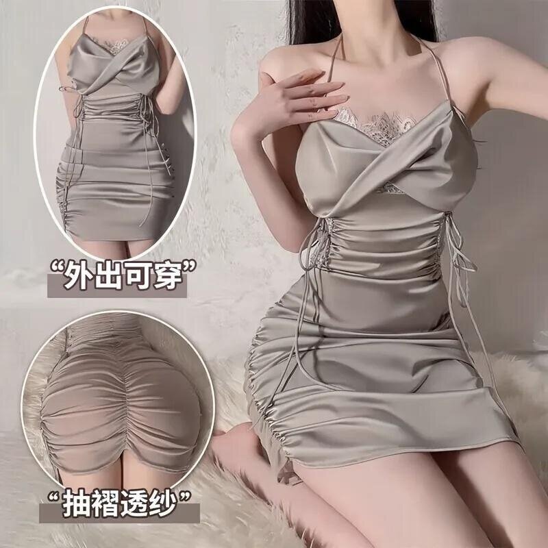 性感钢圈小胸显大聚拢带胸垫睡衣女款冰丝吊带睡裙蕾丝大码睡袍装
