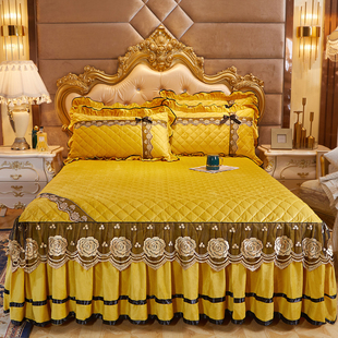 水晶绒蕾丝床裙单件冬天夹棉床罩加厚床垫套席梦思床围三 精品欧式