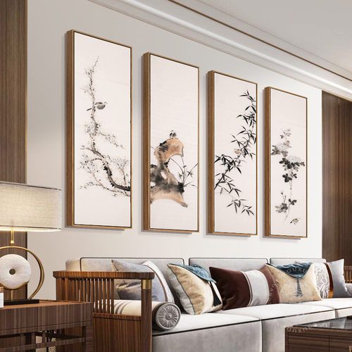 新中式客厅水墨玄关装饰画走廊过道竖版壁画餐厅禅意书房四联挂画
