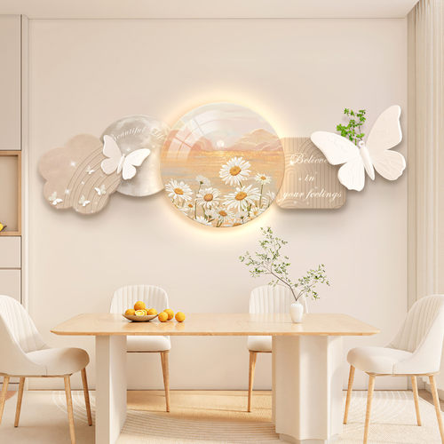 奶油风餐厅装饰画发光餐桌边柜挂画北欧饭厅创意灯画