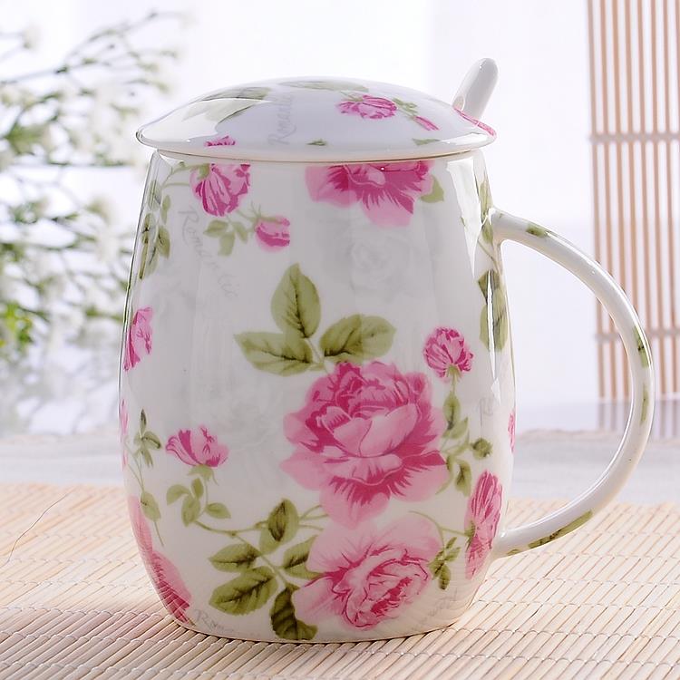 可爱少女喝水杯子创意陶瓷杯骨瓷杯马克杯带盖带勺咖啡杯奶杯茶杯