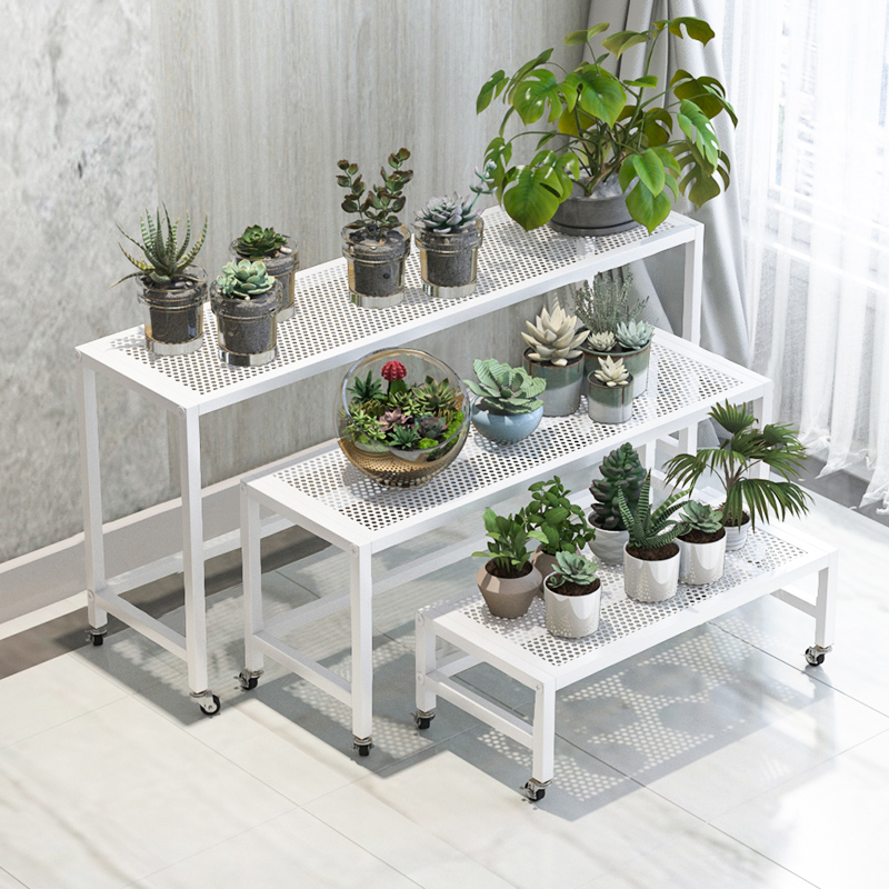 铁艺花架带轮室内置物架阳台简约客厅绿萝落地式双层长条多肉盆架