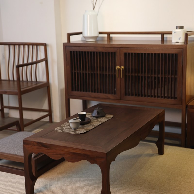 墨兰工坊新中式榻榻米茶桌家用简约长方茶几黑胡桃木实木飘窗矮桌
