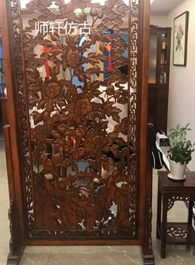 东阳木雕花开富贵牡丹鸟雕花板实木玄关吊顶隔断背景墙中式可定制