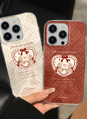 波点爱心小熊适用苹果16promax手机壳新款iPhone14套ipone15高级红色13mini可爱12pro卡xsmax通8plus7p闺蜜款