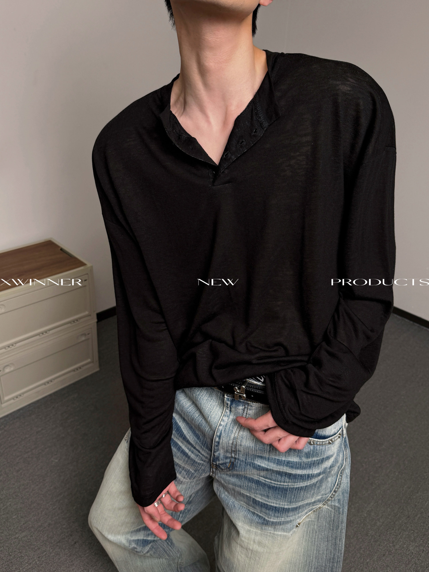 Xwinner New Lightweight and Slightly See-Through Henry Collar Long-Sleeved T-Shirt for Men and Women, Loose and Breathable, Sun-Protective Spring and Summer Top