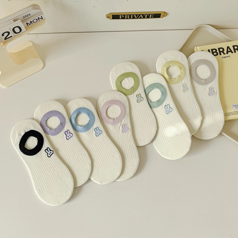 刺绣兔无骨船袜纯色棉袜不掉跟