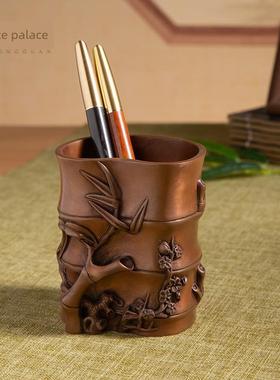 古铜官 紫铜竹节高笔筒书房桌面摆件送长辈生日礼品教师节礼物