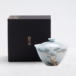 青松落色家用文人器茶碗 云水h蓝釉下彩手绘盖碗 泡茶碗