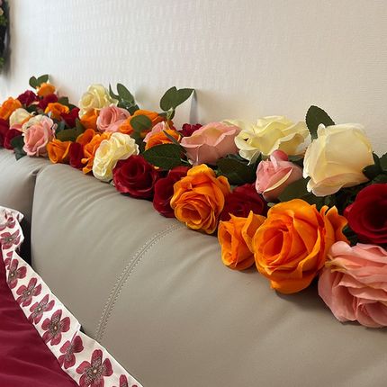 结婚红色喜庆新j房床头装饰仿真玫瑰花藤 长条藤蔓婚房摆花布置