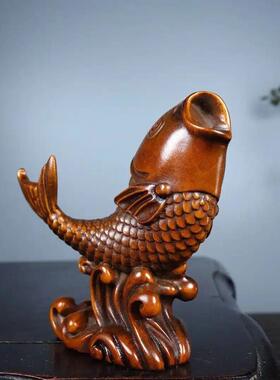 旧藏黄杨木雕刻手把件年年有鱼桌面小摆件工艺品锦鲤鱼文玩盘玩件