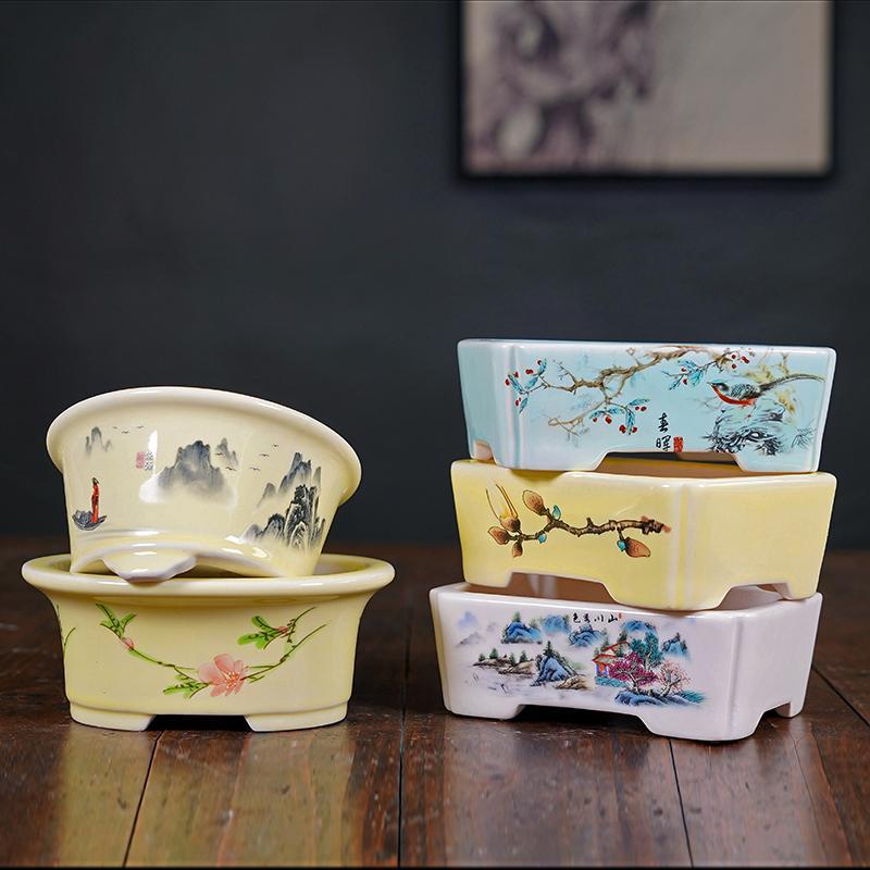 轻奢紫砂花盆小号长方椭圆六角形盆景盆彩绘贴画中国风多肉绿植盆