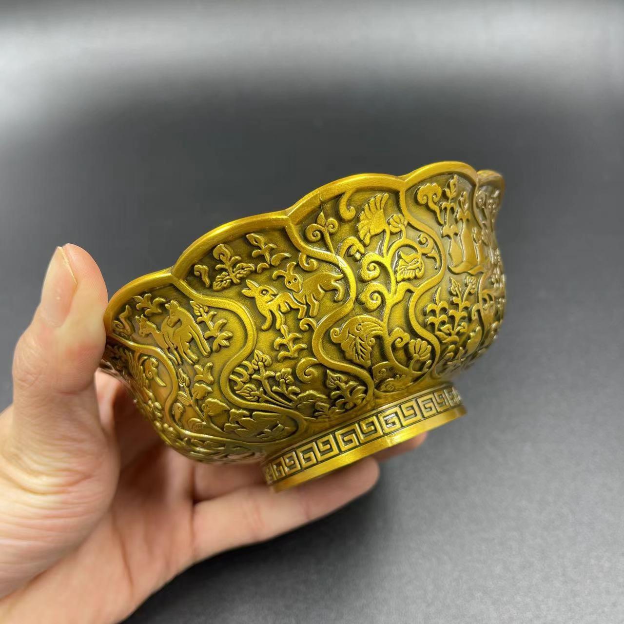 仿古浮雕花瓣碗合金工艺品摆件茶具茶杯古典装饰品发