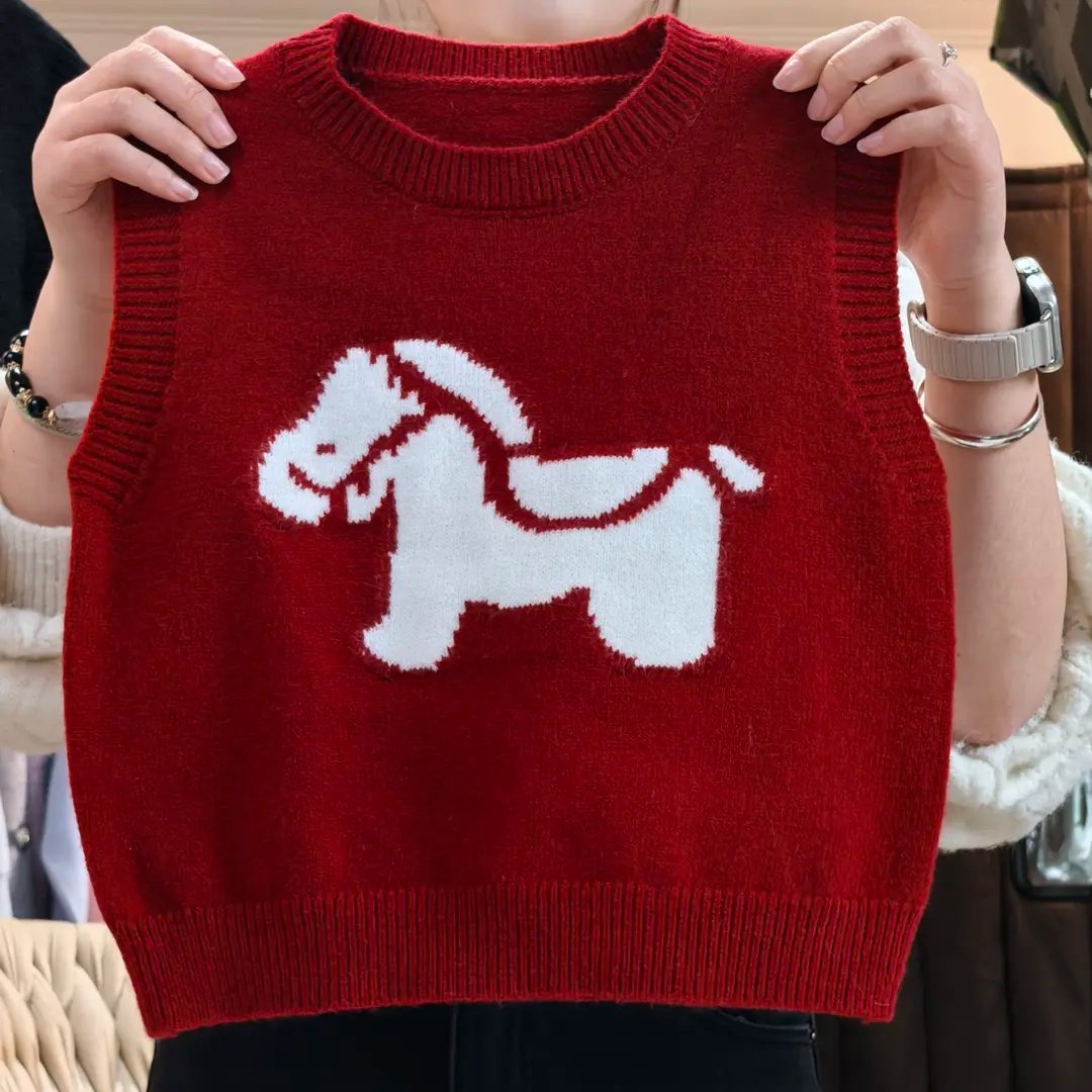 【马到成功】儿童针织马甲2026新款男女宝新年红色毛衣背心打底衫
