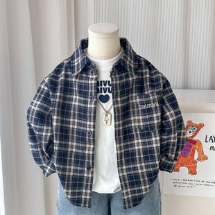 韩版男童磨毛格子衬衫痞帅学院风春秋女童薄款长袖外套洋气时髦潮