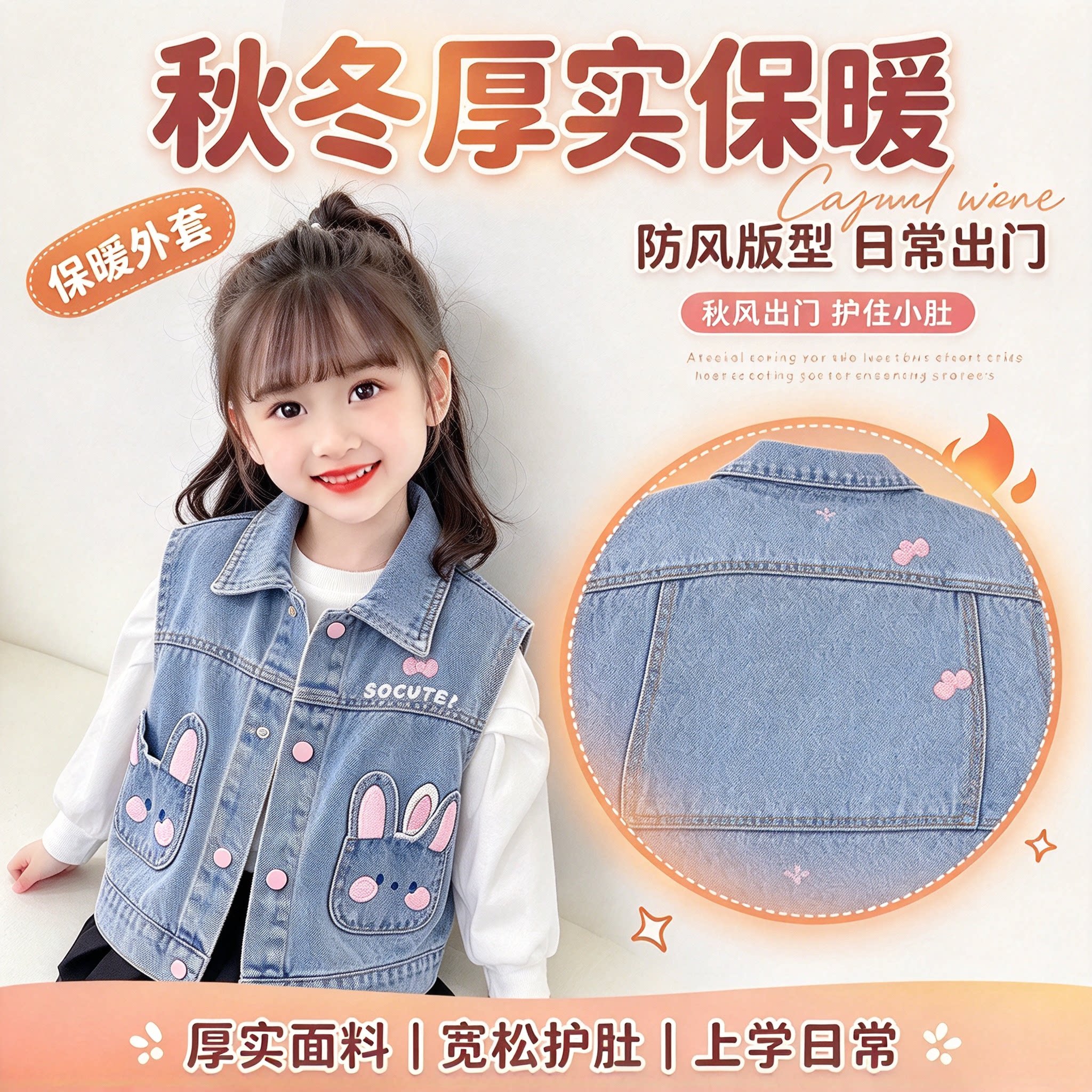 儿童牛仔马甲女童秋冬厚款坎肩卡通兔子图案宝宝外搭背心小女孩