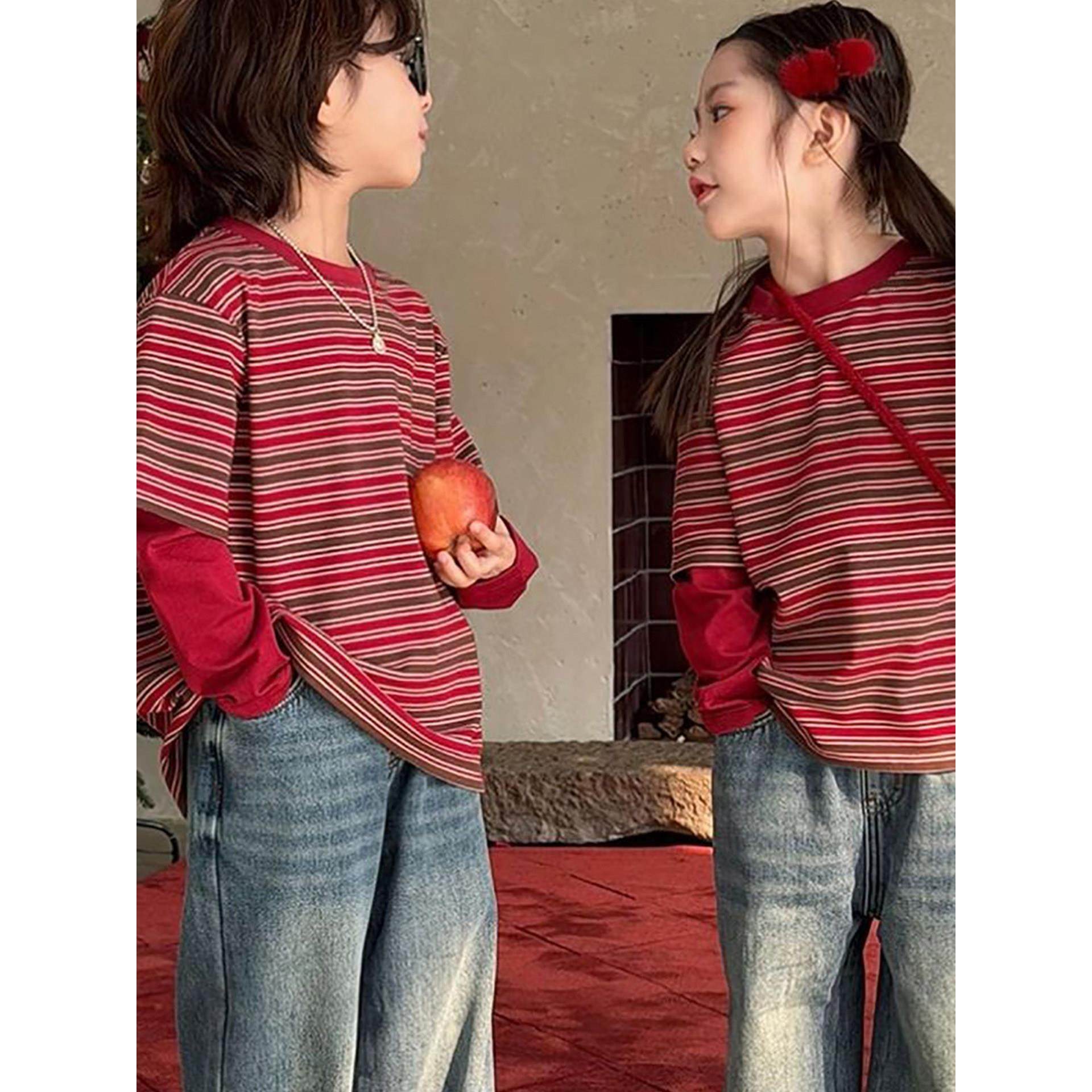 儿童红色条纹假两件T恤长袖2026春秋新款男女童宝宝上衣打底衣