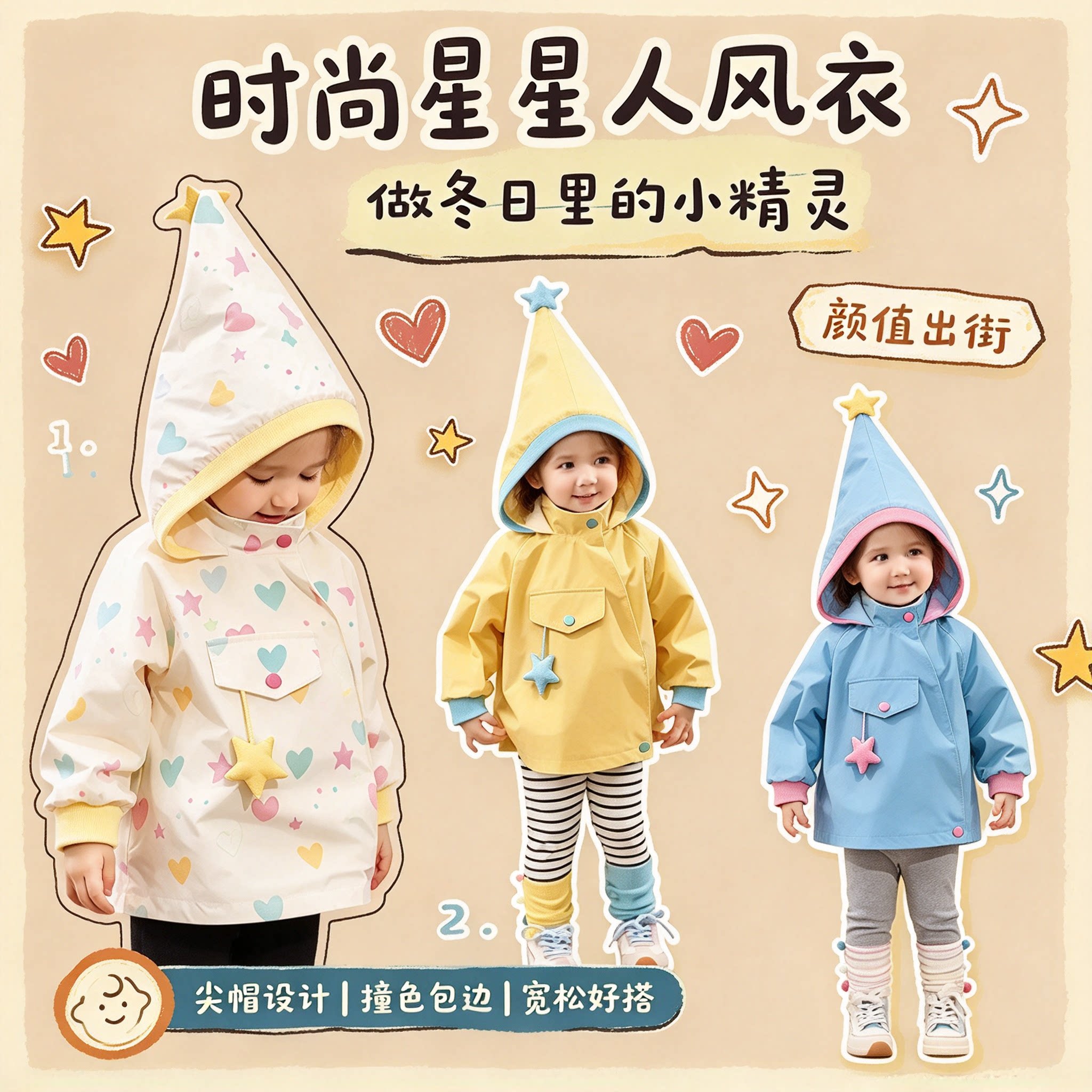 女童秋冬连帽星星人防风防水外套