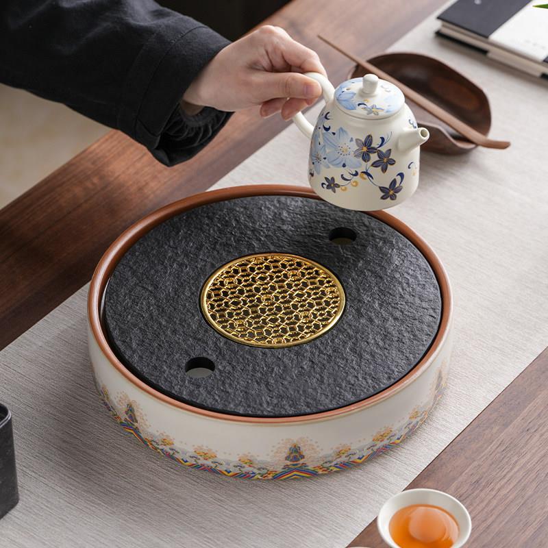 汝窑储水圆形茶盘乌金石档家用托盘陶瓷新款茶台沥水干泡台茶托