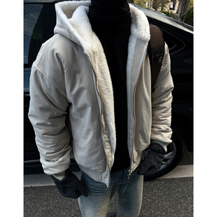 MANCHER 1500g仿兔毛座山雕连帽棉服男宽松boxy短宽加厚保暖外套