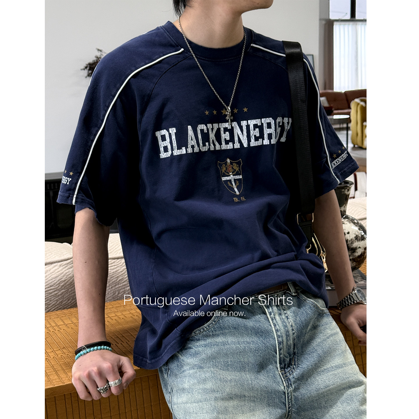 MANCHER 7号球星裁剪式短袖男美式复古水洗做旧字母印花纯棉T恤潮