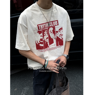 水洗做旧人物印花短袖纯棉T恤