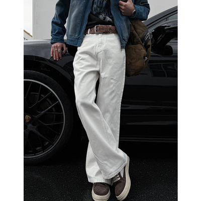 擦脏做旧骨白色暗纹牛仔裤男