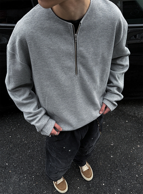 MANCHER Half Zip Long Sleeve美式320g半拉链华夫格纯色长袖卫衣