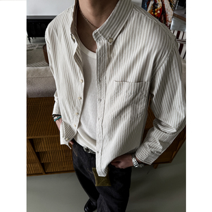 春秋条纹衬衫 不过时 男宽松口袋设计翻领休闲衬衣潮 经典 MANCHER