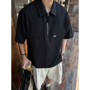 翻领衬衣T恤 MANCHER 夏季 机能大口袋半拉链POLO衫 男潮牌宽松工装