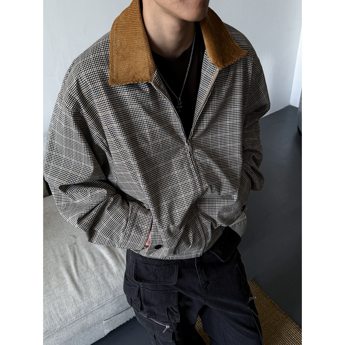 新贵老钱千鸟格灯芯绒哈灵顿外套
