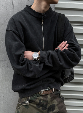 MANCHER 美式复古465G重磅水洗半拉链卫衣男潮牌手工磨破套头上衣