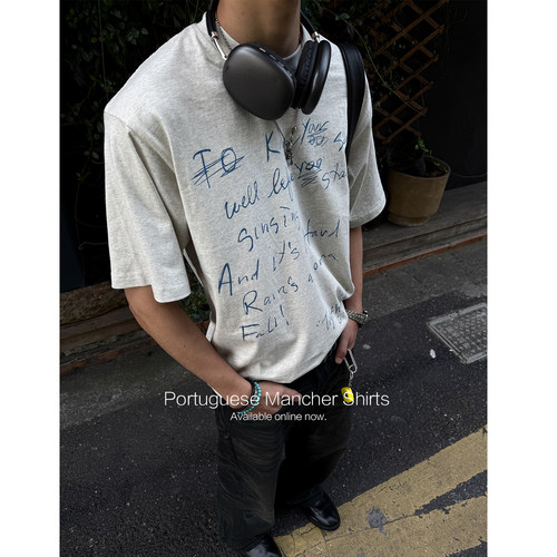 手绘涂鸦字母印花短袖男